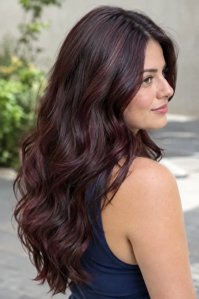 Long glossy wine-brunette hair with deep chocolate brown roots and rich burgundy-plum reflections in soft loose waves, shown on a young woman in natural outdoor light.