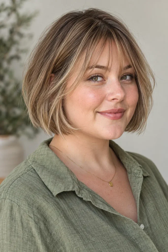 adult woman with a round face wearing a short jaw-length bob with wispy bangs and softly textured ends, shown in three-quarter view with a green linen blouse.