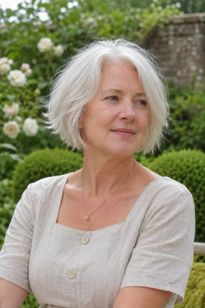 a 62-year-old white woman with fine silver-white hair styled in a wispy chin-length bob, featuring soft textured ends, subtle face-framing pieces, a gentle side part, and airy natural movement. She wears a cream linen summer outfit in a peaceful English garden with soft natural daylight.
