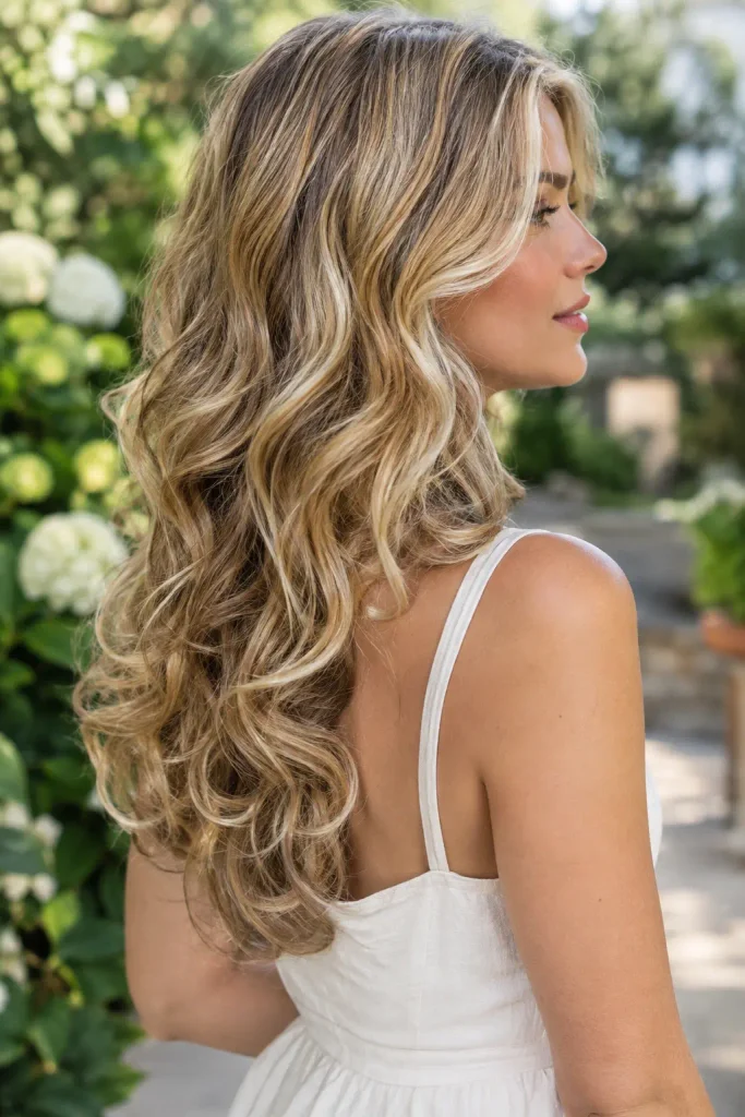 Long layered warm blonde hair with blended beige, honey, golden, and caramel tones styled in loose curls on a young woman in a white sleeveless dress, photographed in a sunlit garden.