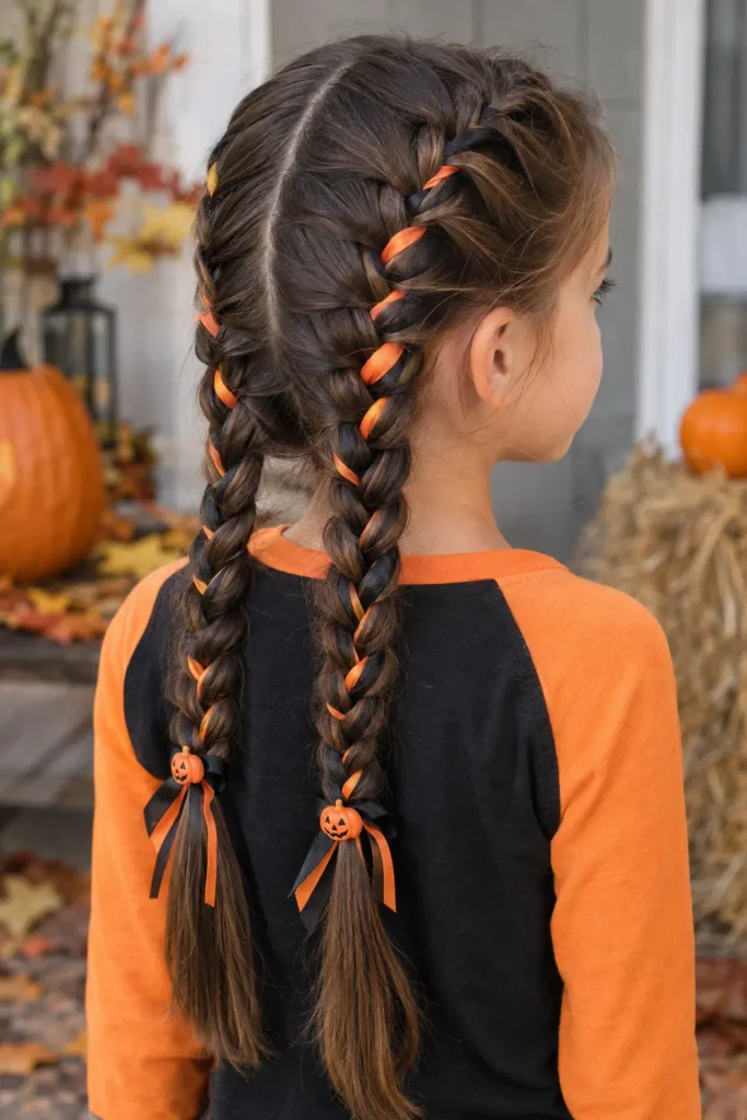 Black and orange Dutch braids Halloween hairstyles for kids