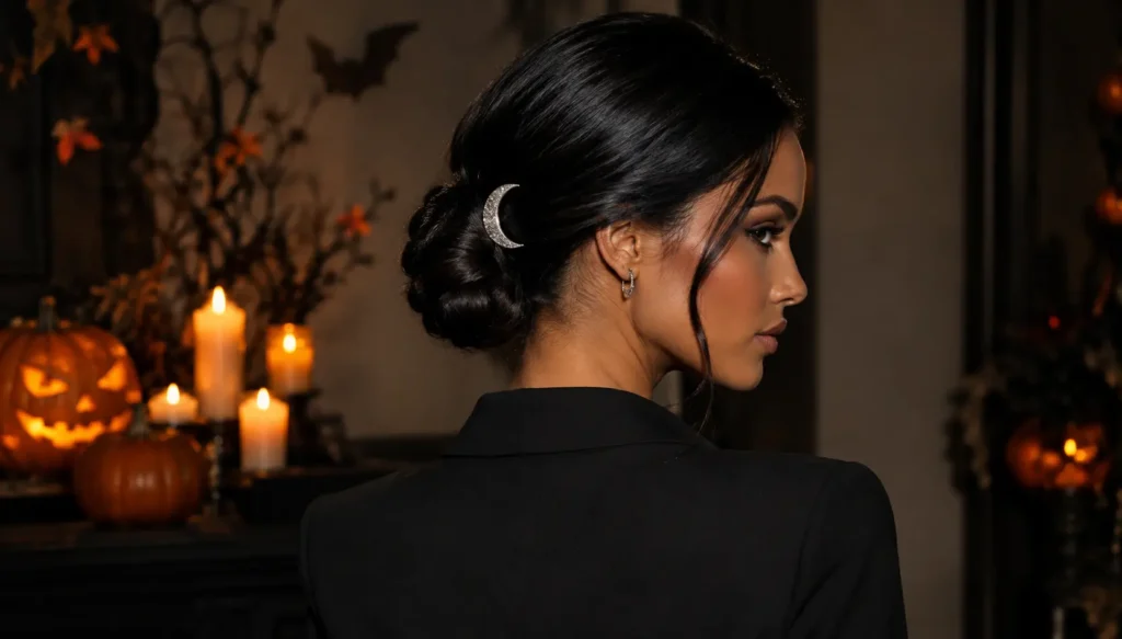 Woman with a sleek black low chignon accented by a silver crescent hair clip, posed in a dark Halloween setting with glowing pumpkins and candles in the background.