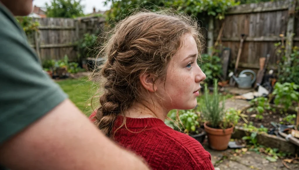 A young woman seen over the shoulder with a loose side braid, wearing a red sweater in a backyard garden.