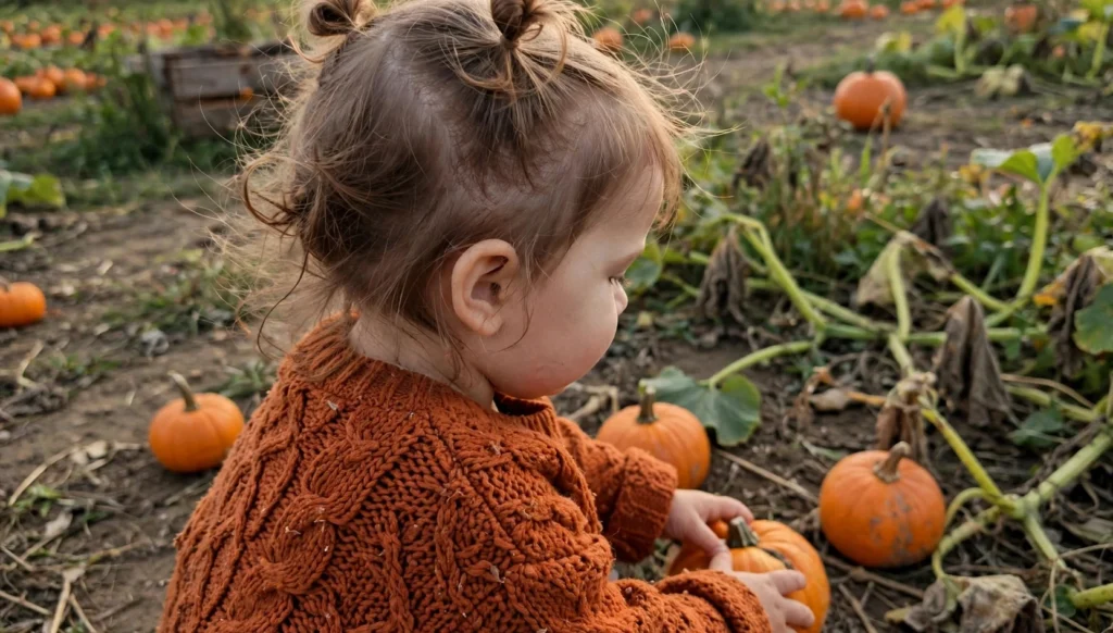 A toddler with tiny pumpkin buns looking away while playing with pumpkins in a pumpkin patch at golden hour.