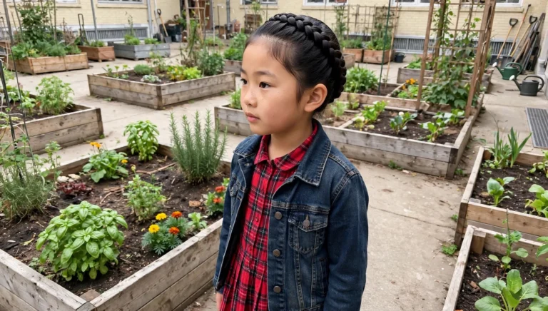 A young East Asian girl in three-quarter view with a neat braided crown hairstyle in a school garden courtyard before picture day.