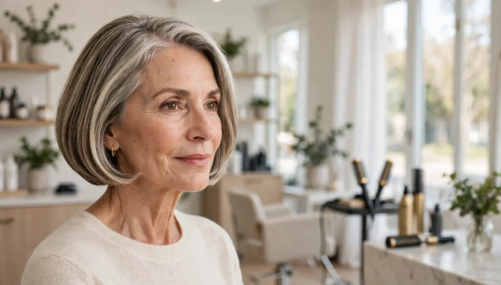Elegant woman over 50 with a beautiful bob hairstyle in bright salon photography.