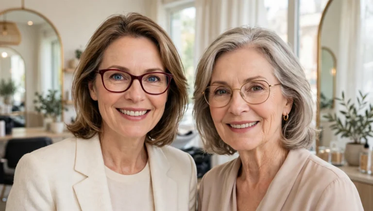 Elegant older woman over 50 with fine hair and glasses and a beautiful medium-length hairstyle in bright salon photography.