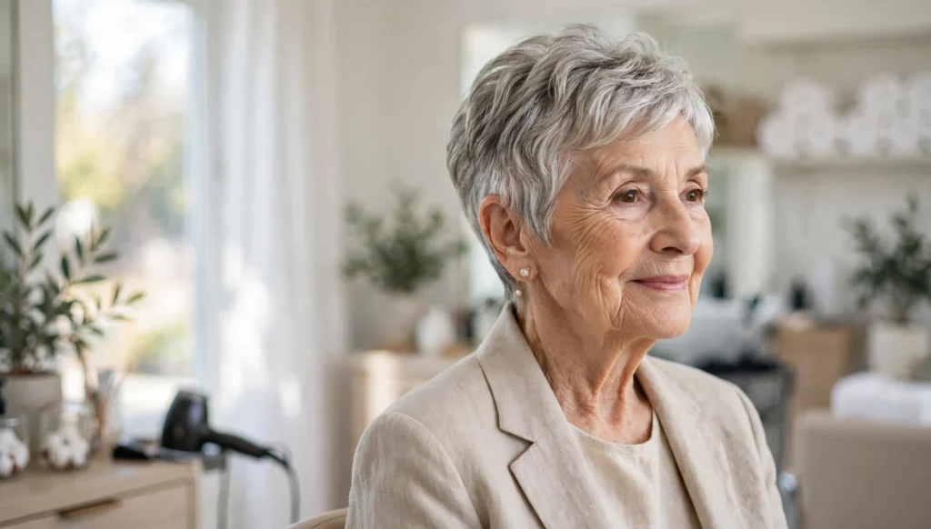 Elegant woman over 80 with a beautiful short haircut in bright salon photography.