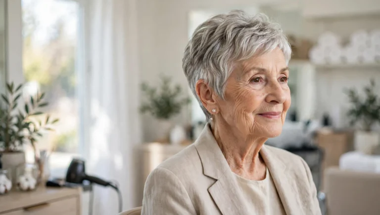 Elegant woman over 80 with a beautiful short haircut in bright salon photography.
