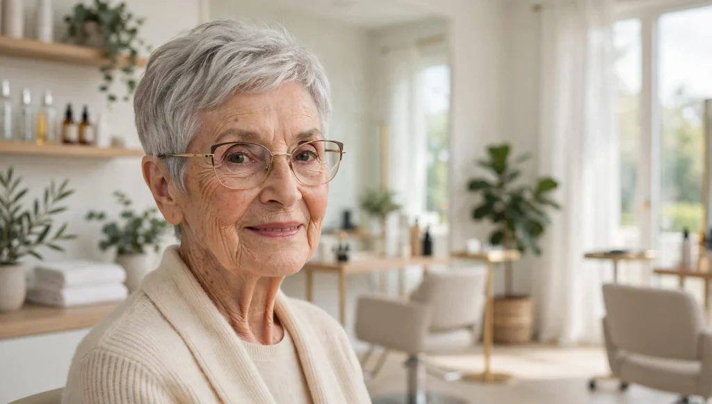 Elegant woman over 80 with glasses and a beautiful short hairstyle in bright salon photography.