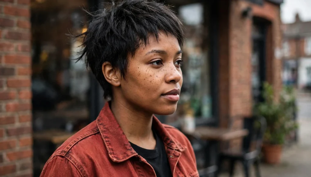 A young woman in her late 20s with a textured tapered pixie haircut, seen in three-quarter view outside a neighbourhood cafe, wearing a rust-red denim jacket.