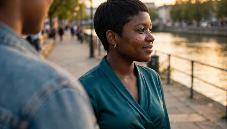 A young woman in her late 20s with a neat textured tapered pixie haircut, seen over-the-shoulder on a riverside promenade at golden hour, wearing a teal satin blouse.