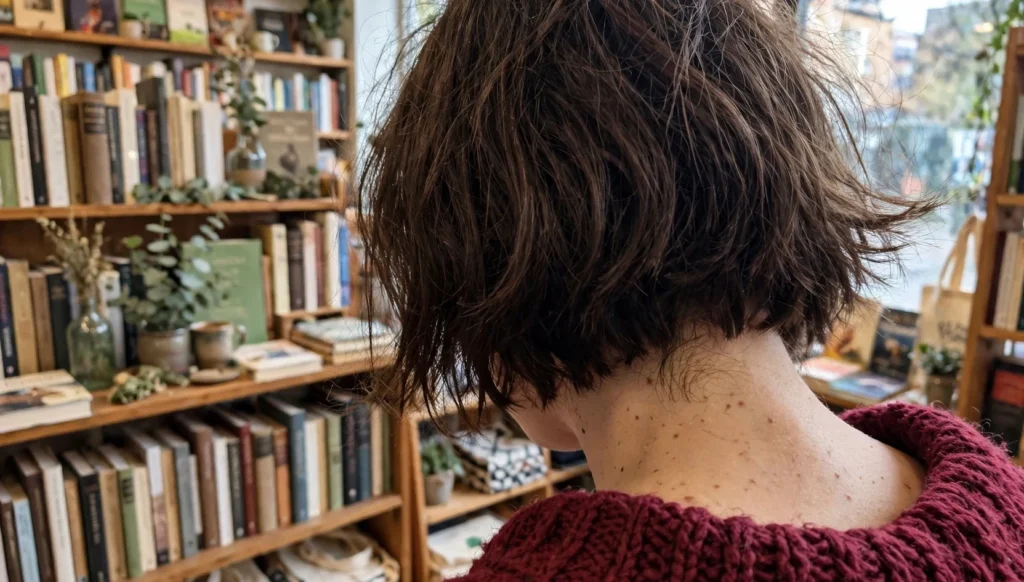 Young woman with a chin-length bob seen over the shoulder in a bookshop, wearing a burgundy knit sweater, candid phone photo.