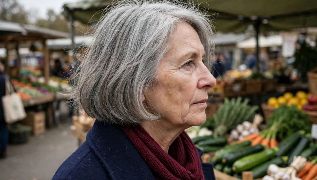 Mature woman in her sixties in side profile with a chic gray bob, wearing a navy coat at a farmers market, candid phone photo.