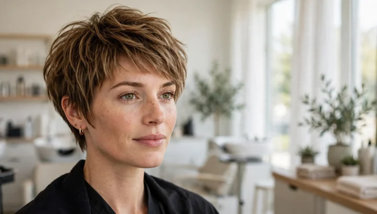Woman with a chic pixie bob haircut in bright salon photography.