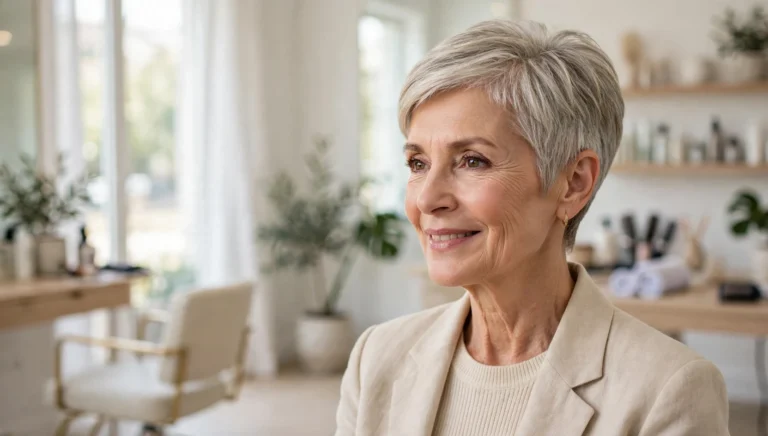 Elegant older woman over 50 with a beautiful short haircut in bright salon photography.