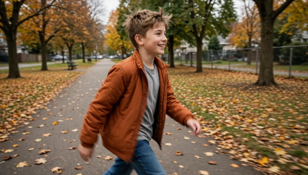 A school-age boy with a cool textured crop haircut walking along a park path, wearing a rust-orange jacket over a gray T-shirt.