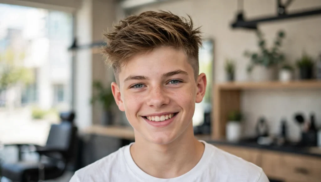 Handsome teen boy with cool haircut in bright barbershop photography.