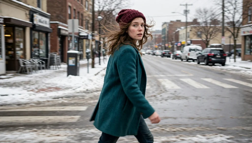 Young woman walking through a snowy city street in motion, glancing back over her shoulder, wearing a burgundy beanie and a teal coat, her wavy hair flowing behind her.