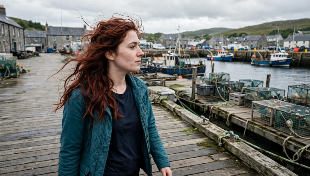 Young woman in her late 20s with long pirate waves in a teal jacket, walking along a harbor in a candid three-quarter view photo.