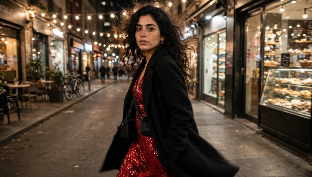 Young woman with voluminous dark curls in a scarlet sequin dress walking down a city street at night past string lights.