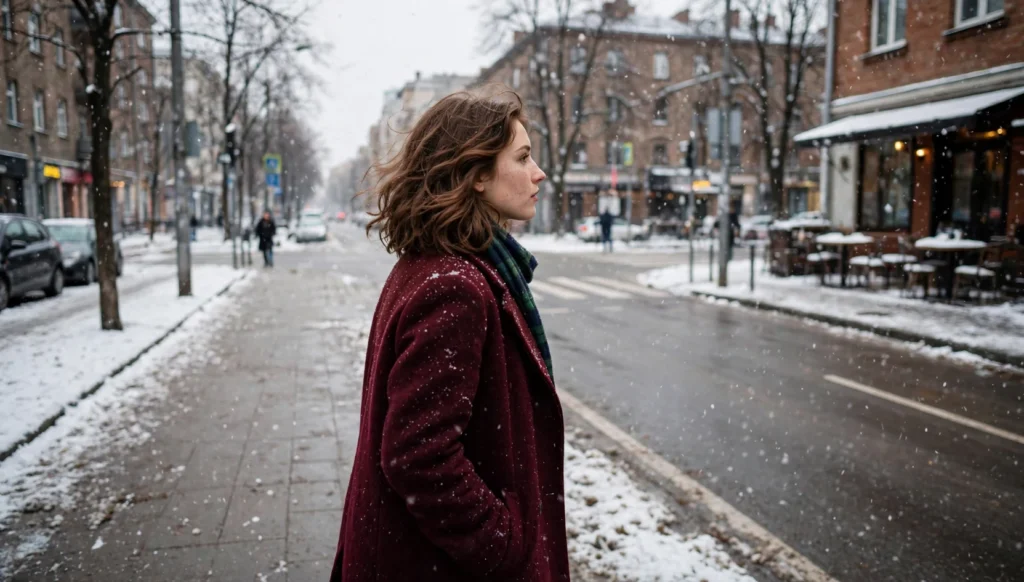 Young woman in her late twenties walking through falling snow in side profile, wearing a deep burgundy wool coat and plaid scarf, with soft wavy brown hair.