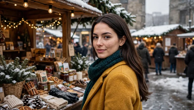 Young woman in her late twenties at a snow-dusted Christmas market in three-quarter view, wearing a mustard-yellow wool coat and dark teal scarf, with smooth neatly brushed long dark waves.