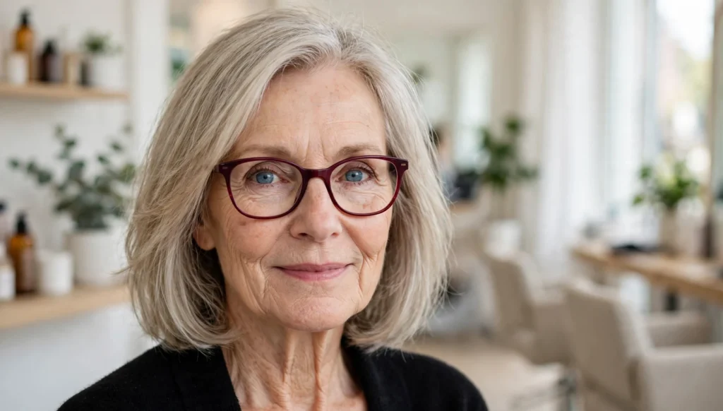 Elegant woman over 60 with fine hair and glasses and a beautiful medium-length hairstyle in bright salon photography.