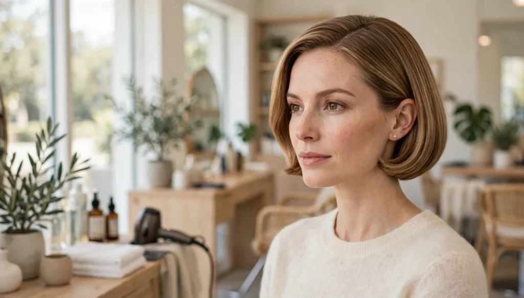 Beautiful woman with elegant old money bob haircut in bright salon photography.