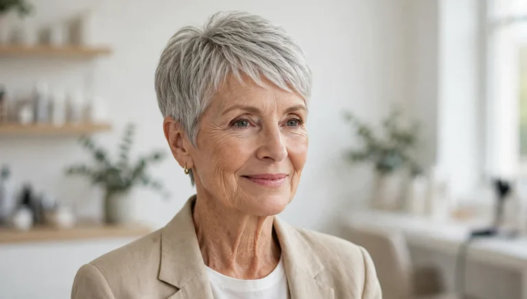 Elegant older woman with a beautiful pixie haircut in bright salon photography.