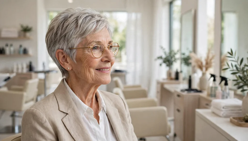 Elegant woman over 70 with glasses and a beautiful short haircut in bright salon photography.