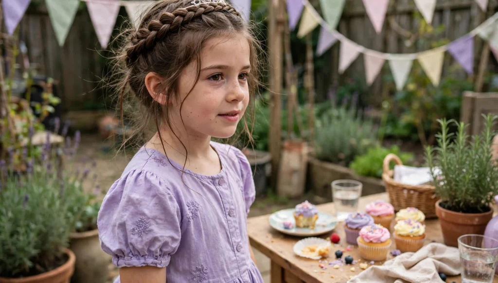 A young girl with a princess braided crown and lavender dress at a garden birthday party, candid wider head-to-waist photo.