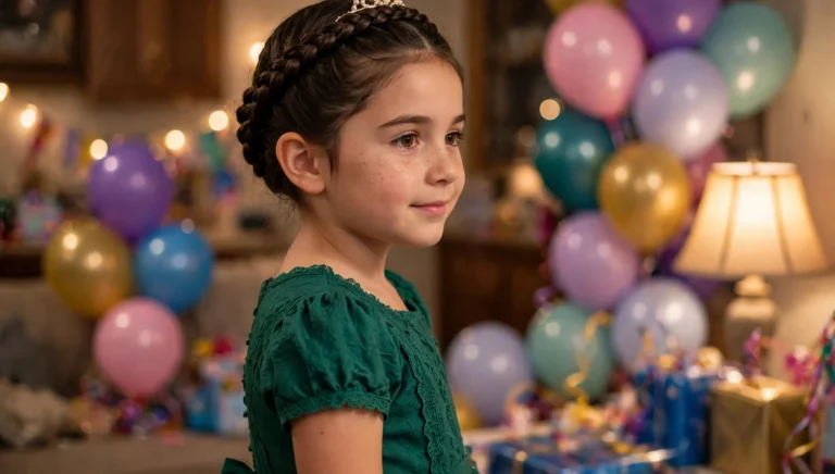 A young girl with a neat princess braided crown and emerald green dress at an indoor birthday party, candid three-quarter view photo.