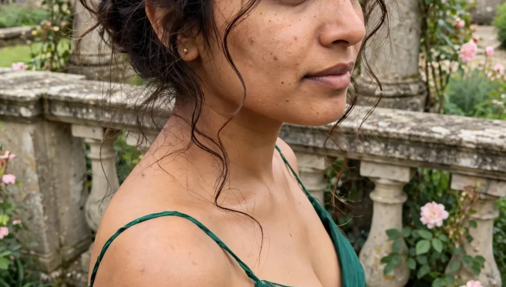 Young woman in her late twenties with a romantic princess updo with loose curls, wearing an emerald green gown, photographed in three-quarter view on a garden terrace.