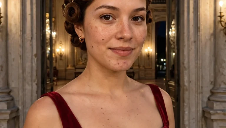 Young Latina woman in her late twenties with a neat, smooth romantic princess updo, wearing a deep ruby red gown, photographed front-facing in a palace ballroom doorway.