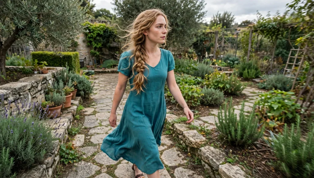 A young woman with very long golden-brown hair walking along a garden path in a wider head-to-waist shot, wearing a teal dress.