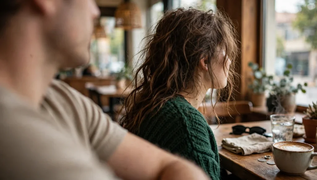 A young woman with healthy shiny hair seen over the shoulder in a cozy cafe, candid phone photo.