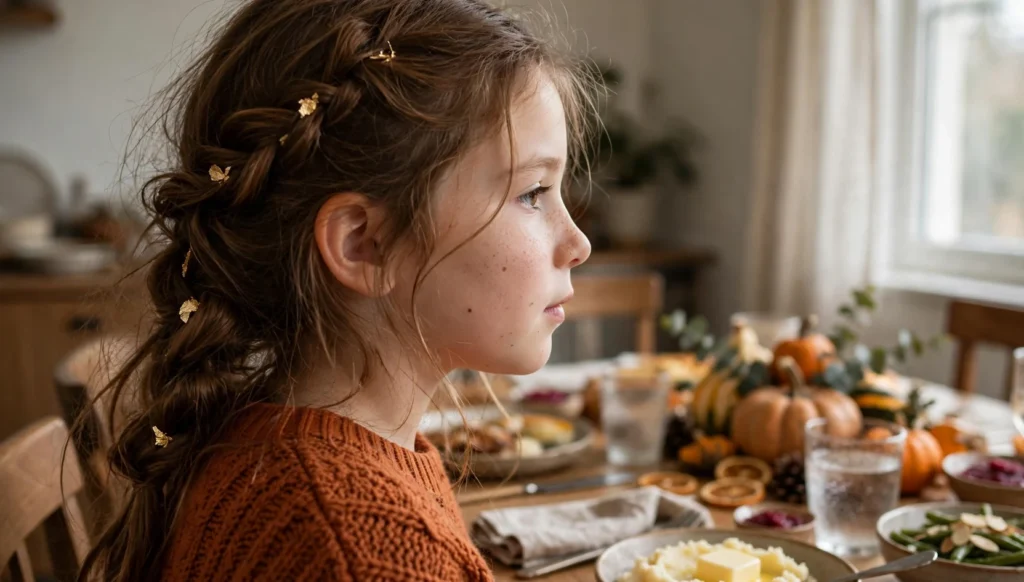A young girl in a rust knit sweater seen in side profile at a Thanksgiving table, wearing a festive autumn braid with small gold clips.
