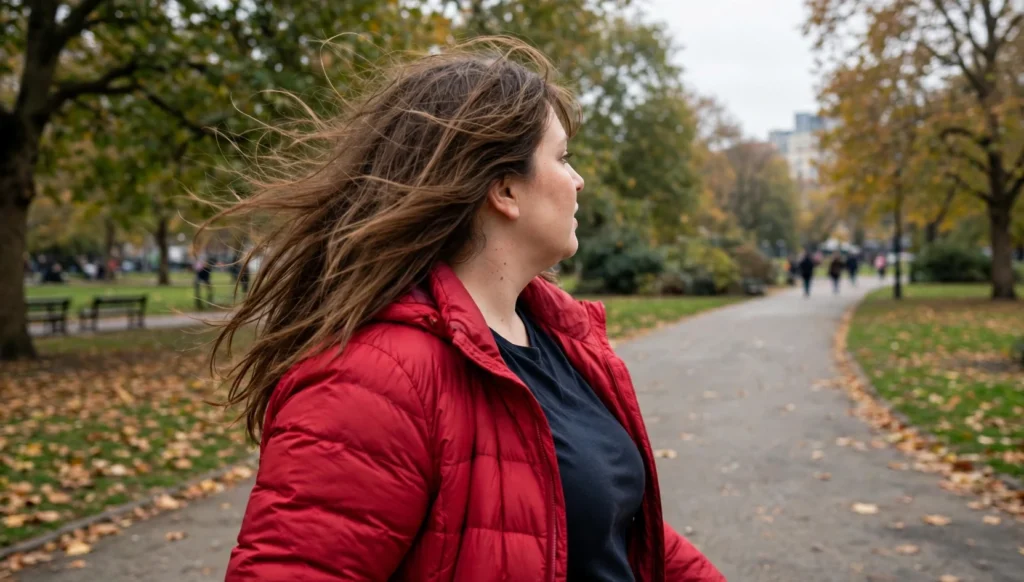 Plus-size woman in her thirties walking through a city park in a red coat, her long layered hair moving naturally, candid phone photo.