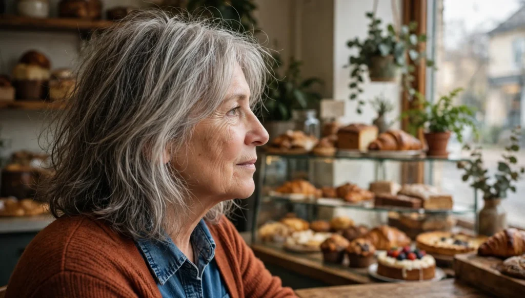 Mature woman in her early sixties with a layered haircut, seen in side profile at a neighborhood bakery window table, wearing a denim shirt and rust cardigan.
