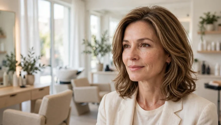Woman over 40 with a flattering medium-length hairstyle in bright salon photography.