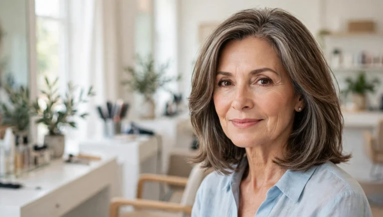 Elegant older woman with a flattering shoulder-length haircut in bright salon photography.