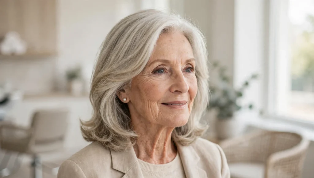 Elegant woman over 70 with a beautiful shoulder-length hairstyle in bright salon photography.