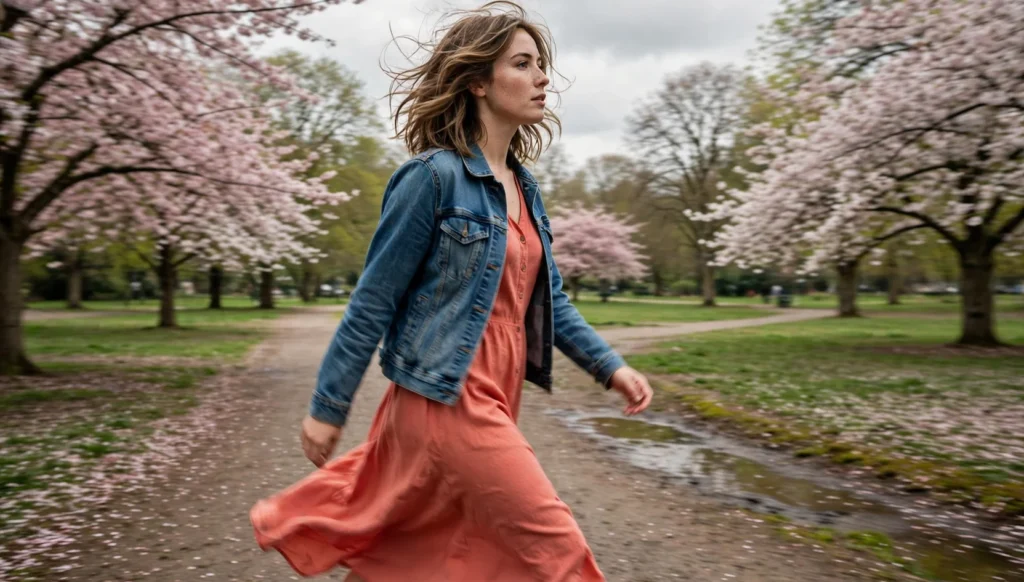 Young woman in her late twenties with light spring layers walking through a blooming park in a coral dress, candid phone photo.