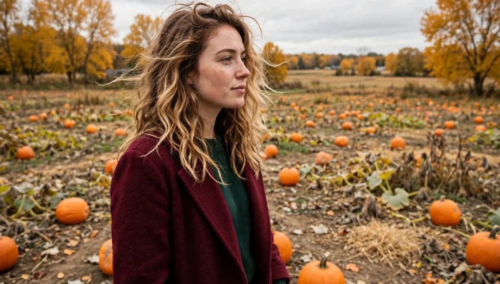 Young woman with dark-rooted honey blonde hair in a three-quarter view at an autumn pumpkin patch, wearing a burgundy coat.