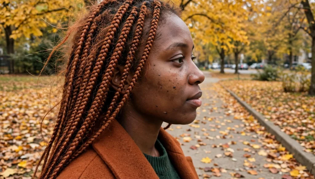 Young Black woman in a side profile outdoors in autumn, wearing a rust-colored coat, with long copper braids and golden leaves behind her.