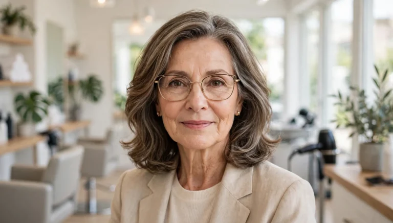 Elegant woman over 50 with glasses and a beautiful medium-length hairstyle in bright salon photography.