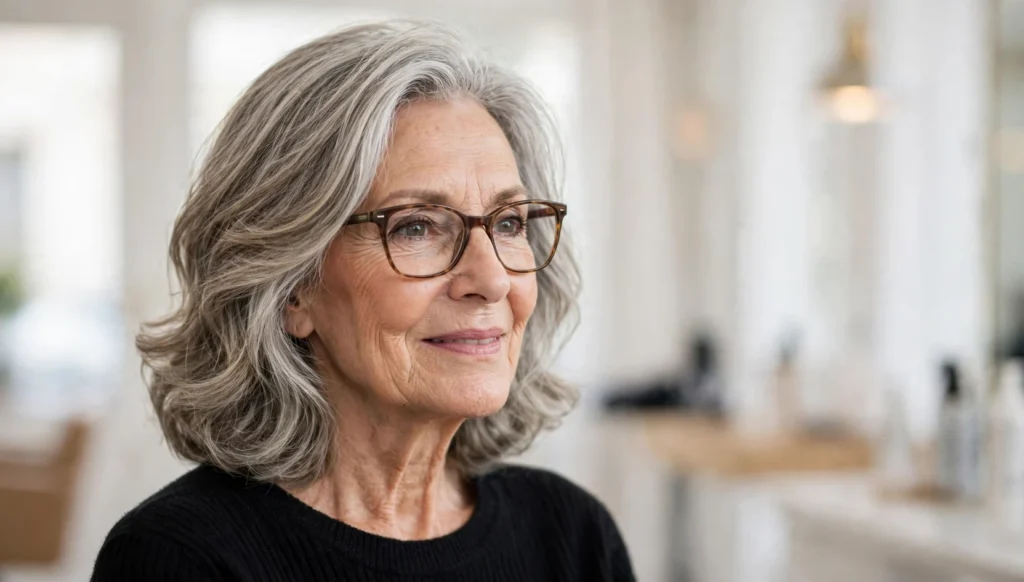 Elegant woman over 70 with glasses and a beautiful medium-length hairstyle in bright salon photography.