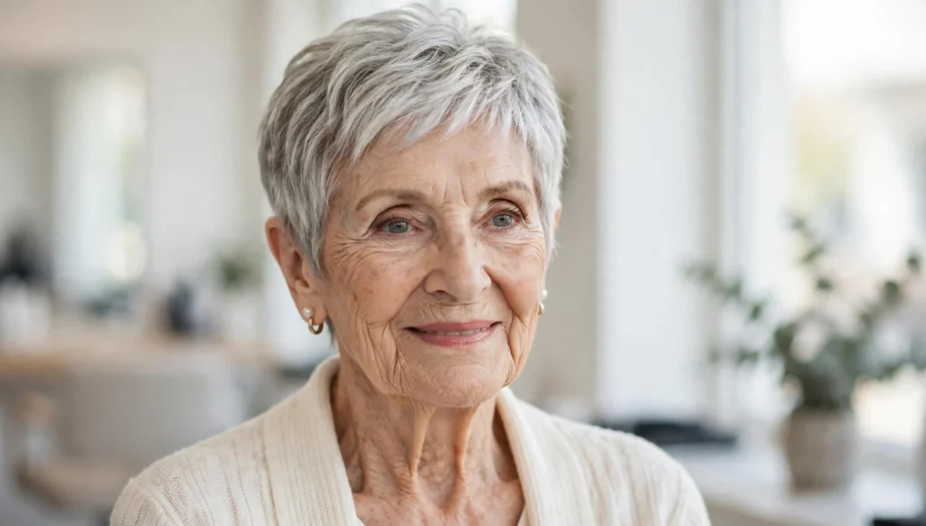 Elegant woman over 80 with a beautiful pixie haircut in bright salon photography.