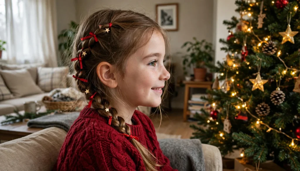 A young girl seen in side profile with a festive braided hairstyle decorated with tiny red ribbons, wearing a red sweater beside a Christmas tree.